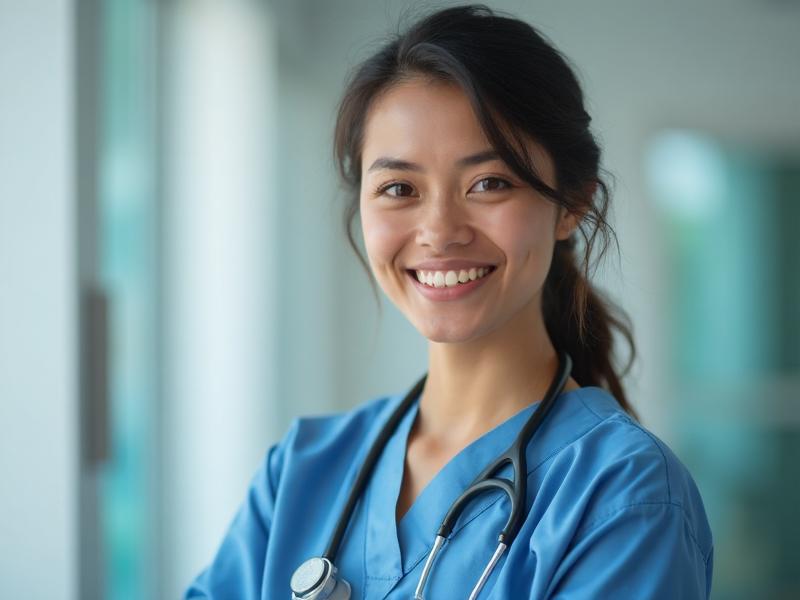 Filipina registered nurse in scrubs